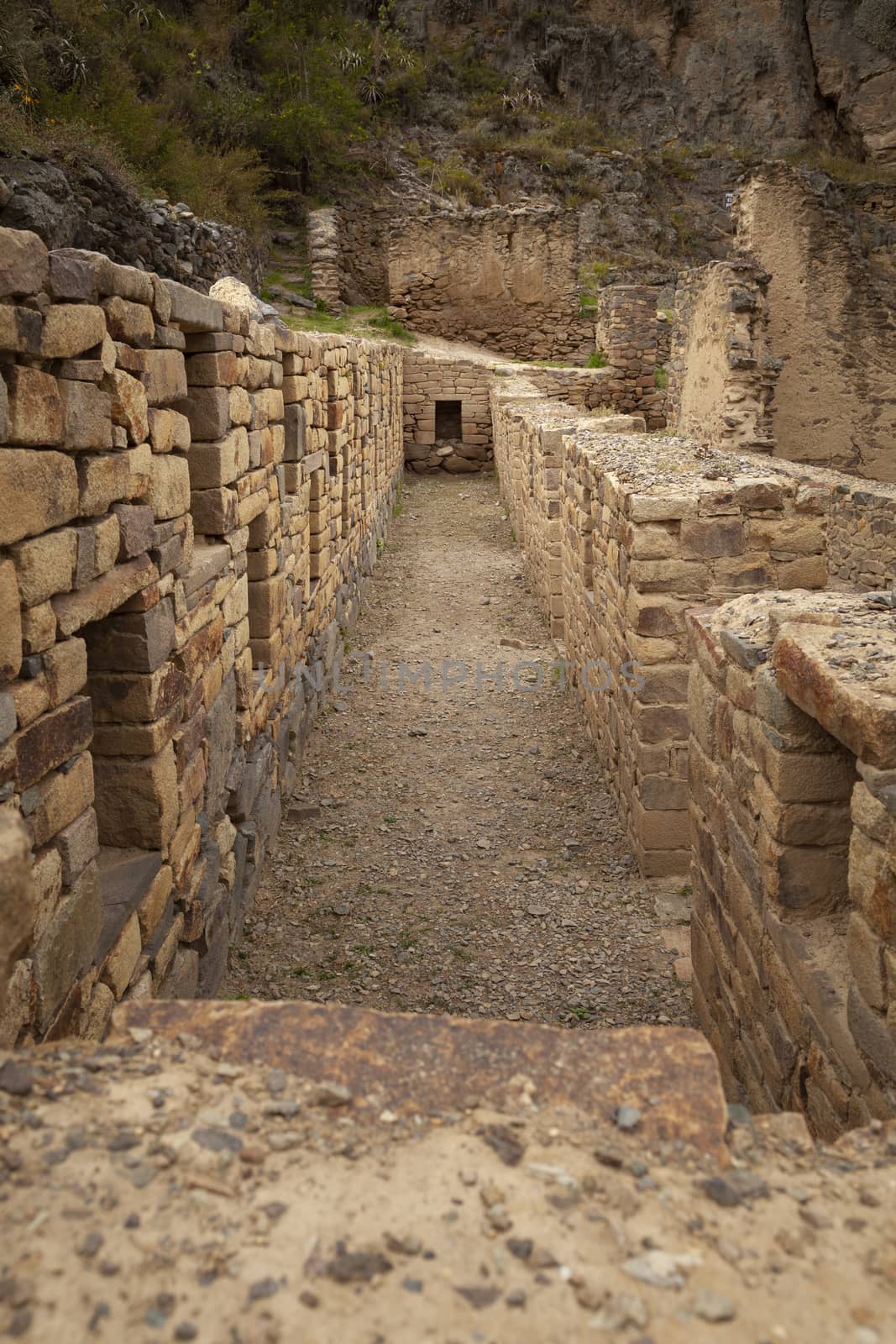 Ollantaytambo, Peru - April 4, 2014: Ollantaytambo Archaeological Site, ruins and constructions of ancient Incas, near the Vilcanota river valley, Peru.