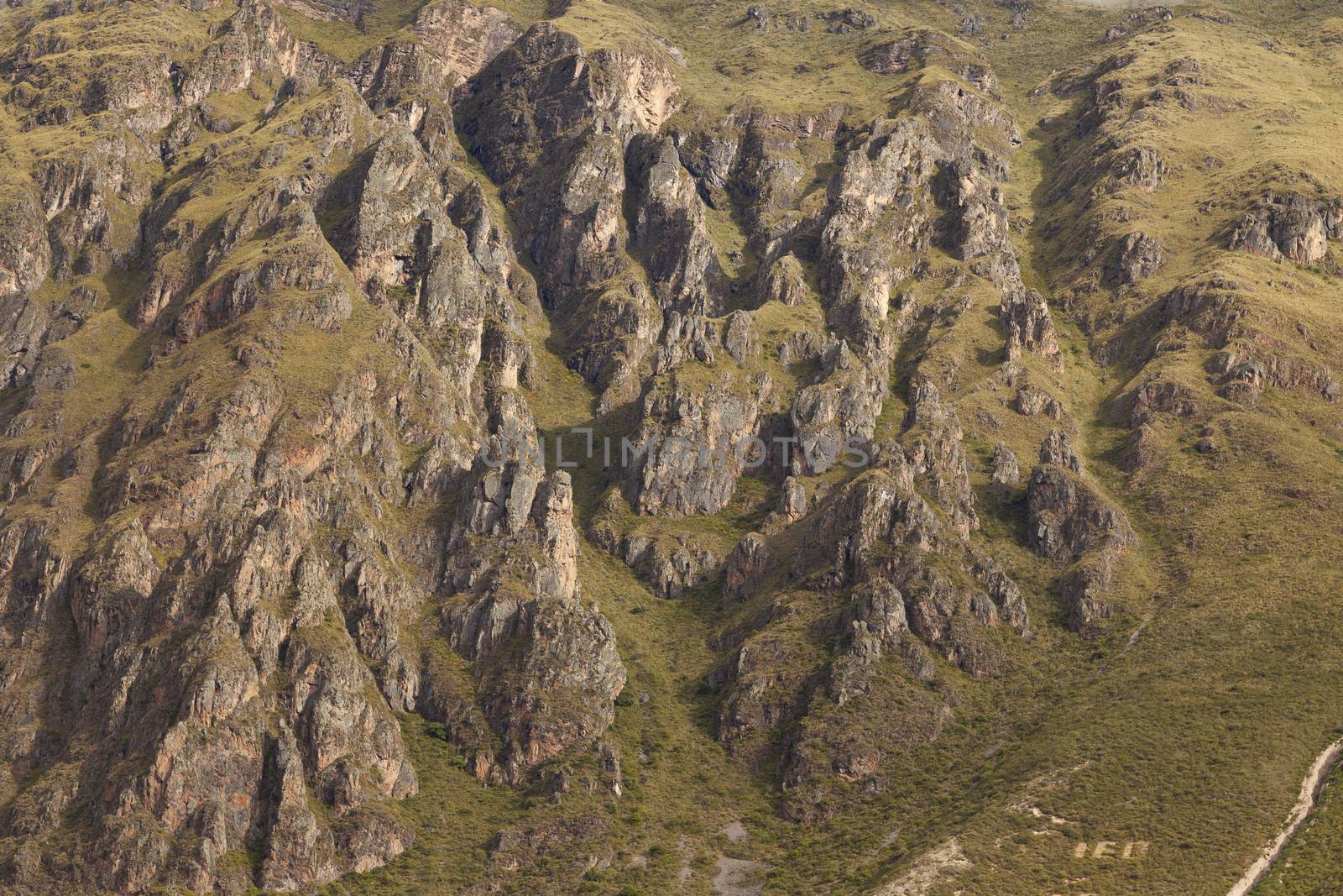 Ollantaytambo, Peru - April 4, 2014: View of the mountains surrounding the town of Ollantaytambo, on the road to Machu Picchu, in the Vilcanota river valley, Peru.