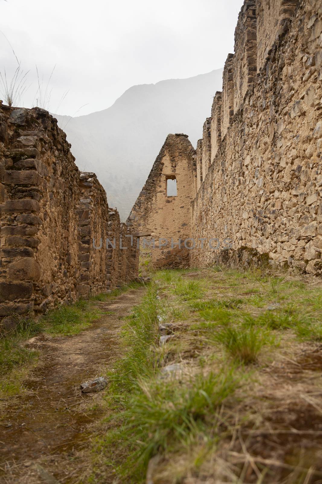 Ollantaytambo, Peru - April 4, 2014: Ollantaytambo Archaeological Site, Pinkuylluna ruins and constructions of ancient Incas, near the Vilcanota river valley, Peru.