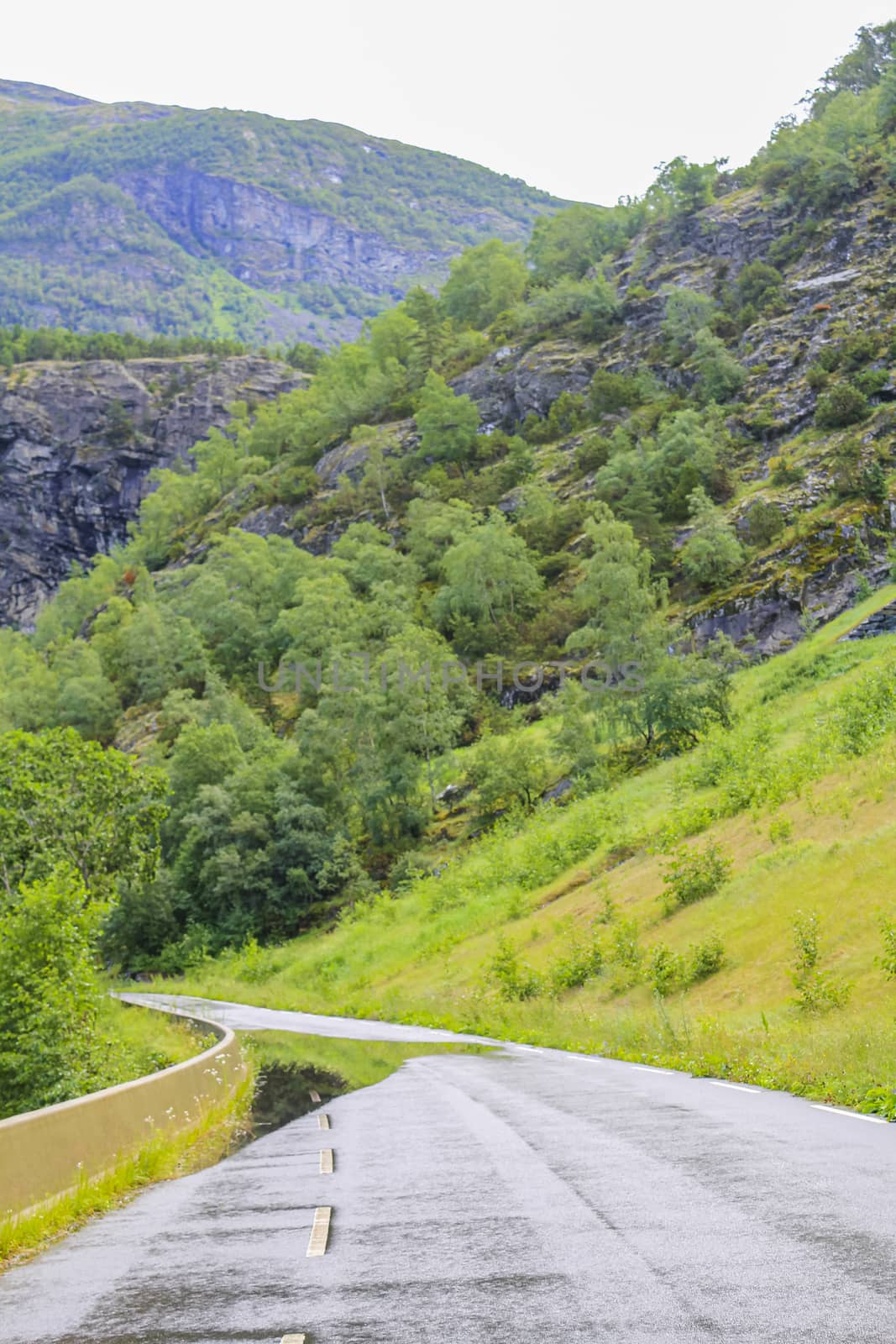 Beautiful wet road the mountains landscape of Hemsedal in Viken, Norway.