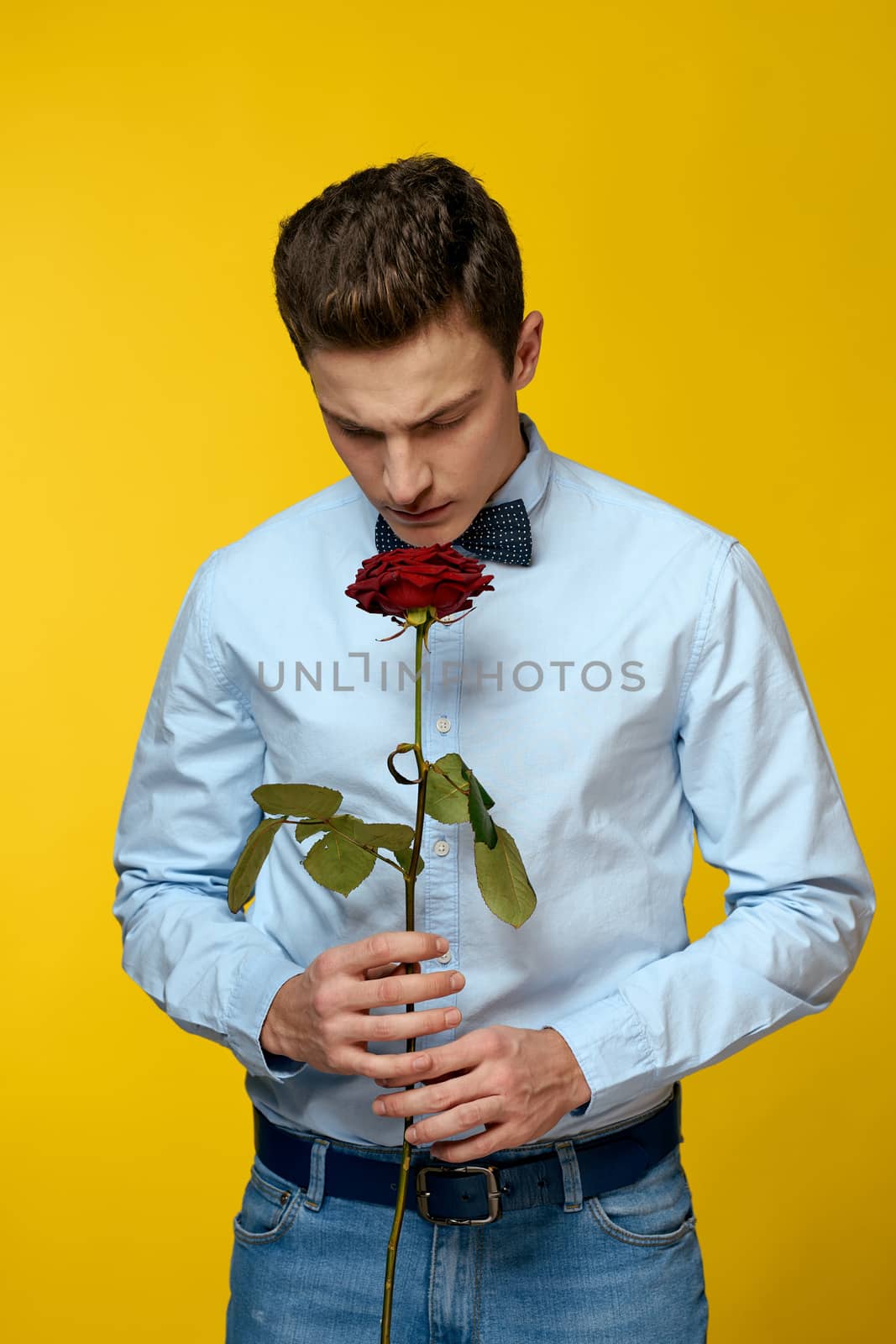 Elegant man in a suit with a red rose in his hands on a yellow background, cropped view by SHOTPRIME