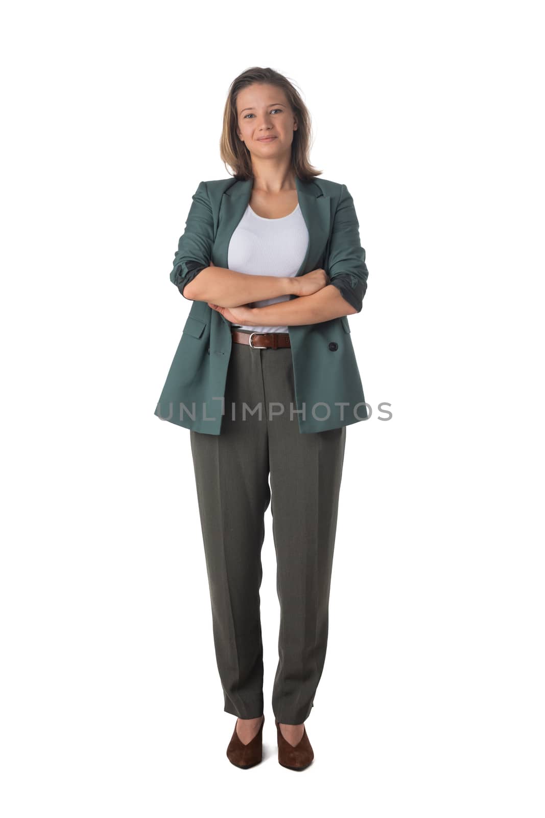 Full length portrait of happy young business woman isolated on white background, casual people