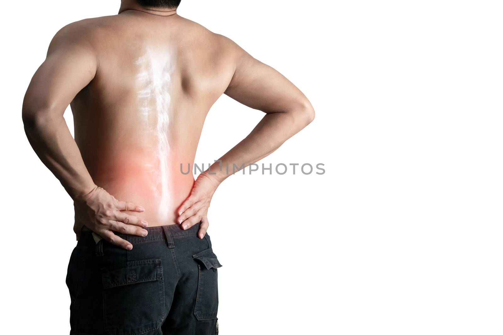 Young man holding back pain bone spine on a white background