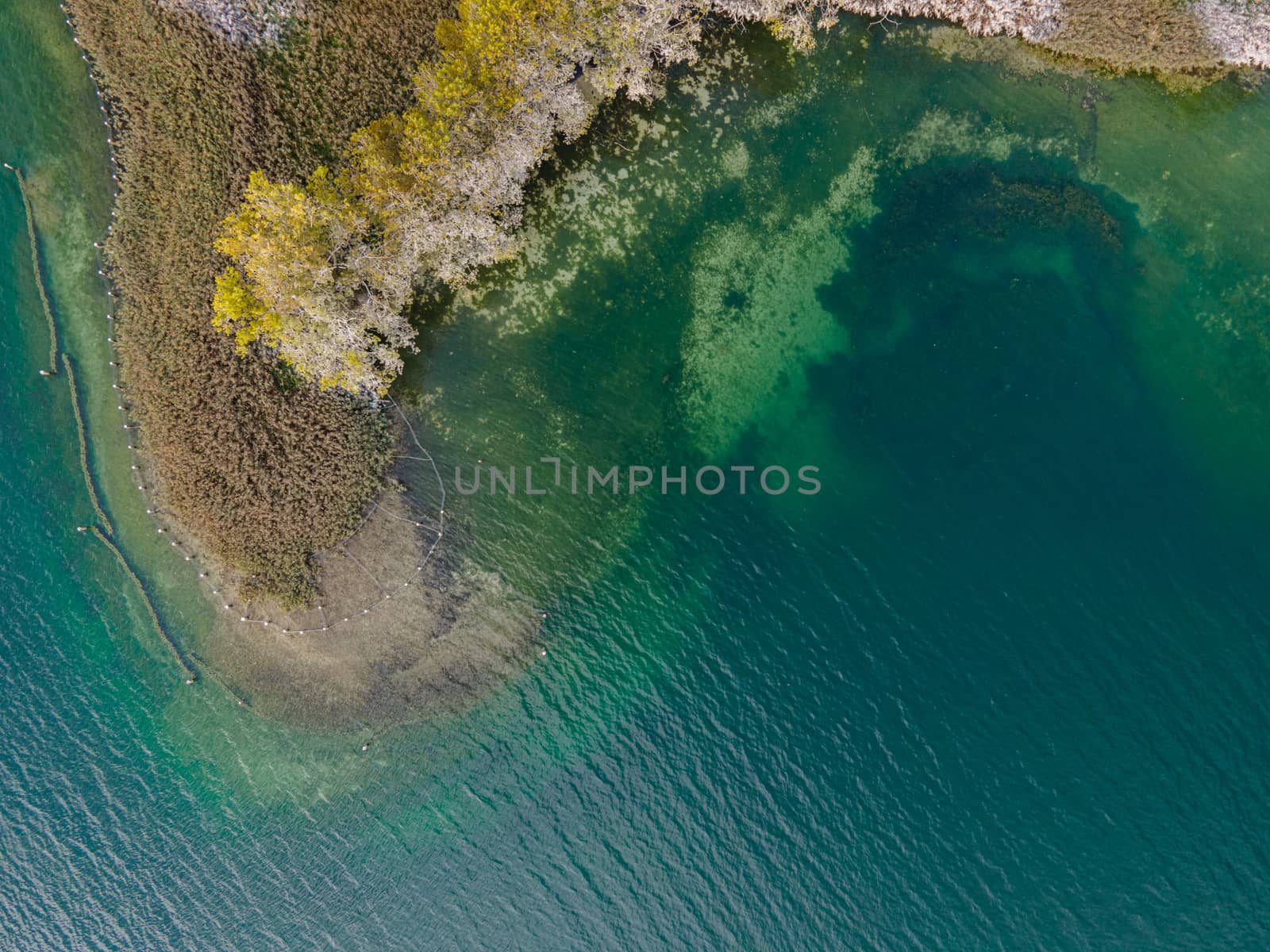 Drone shot over water. Background of lake. Birds view