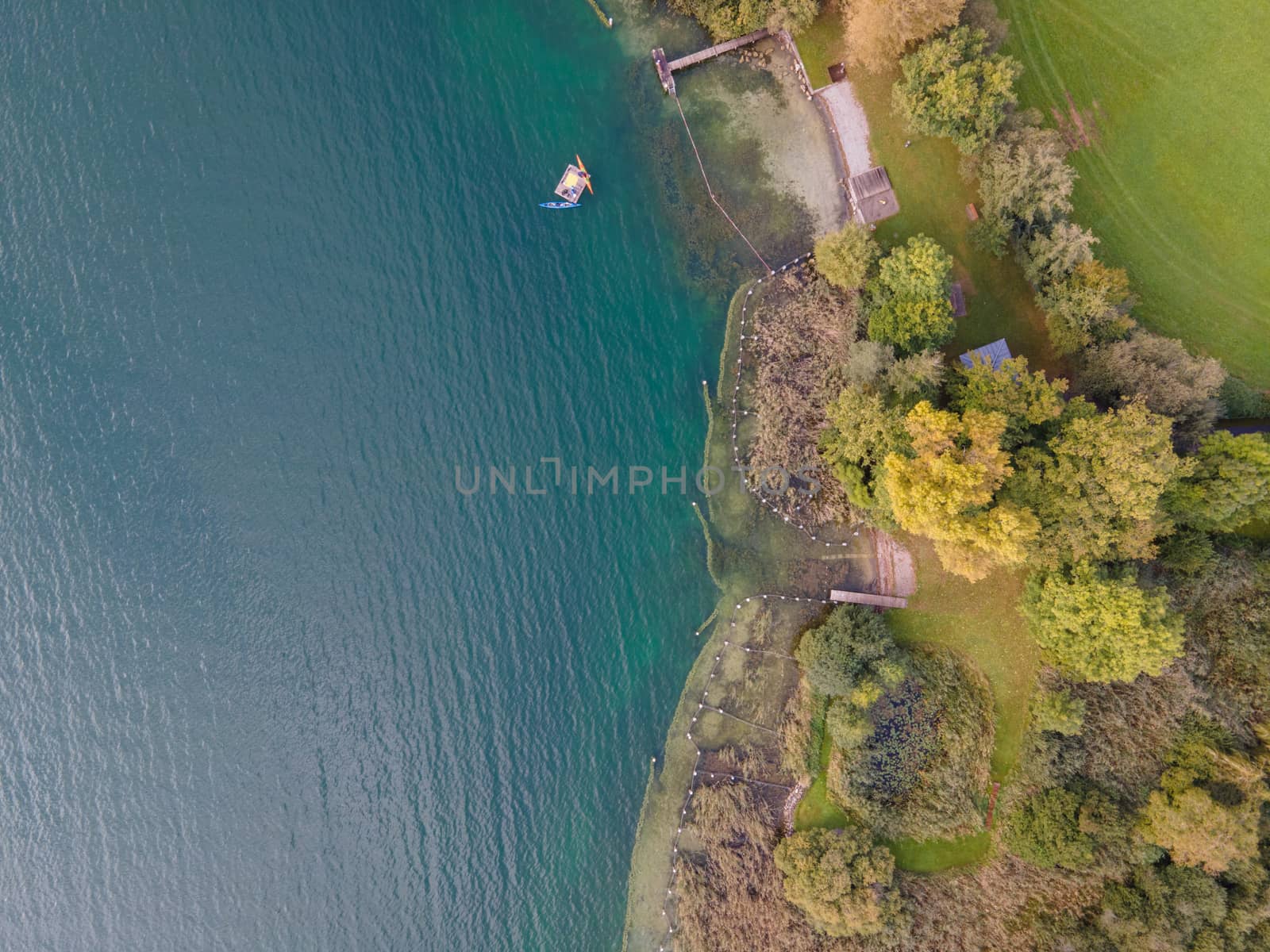Drone shot over water. Background of lake. Birds view
