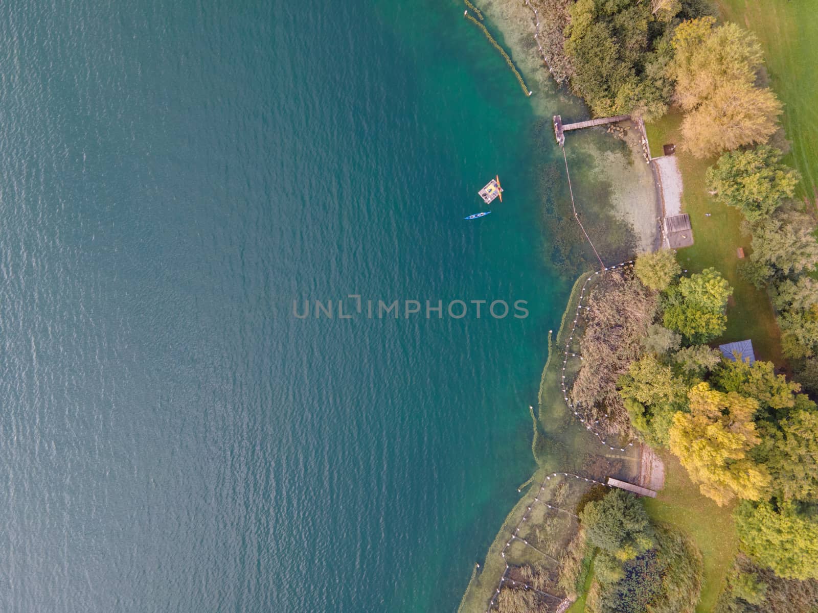 Drone shot over water. Background of lake. Birds view