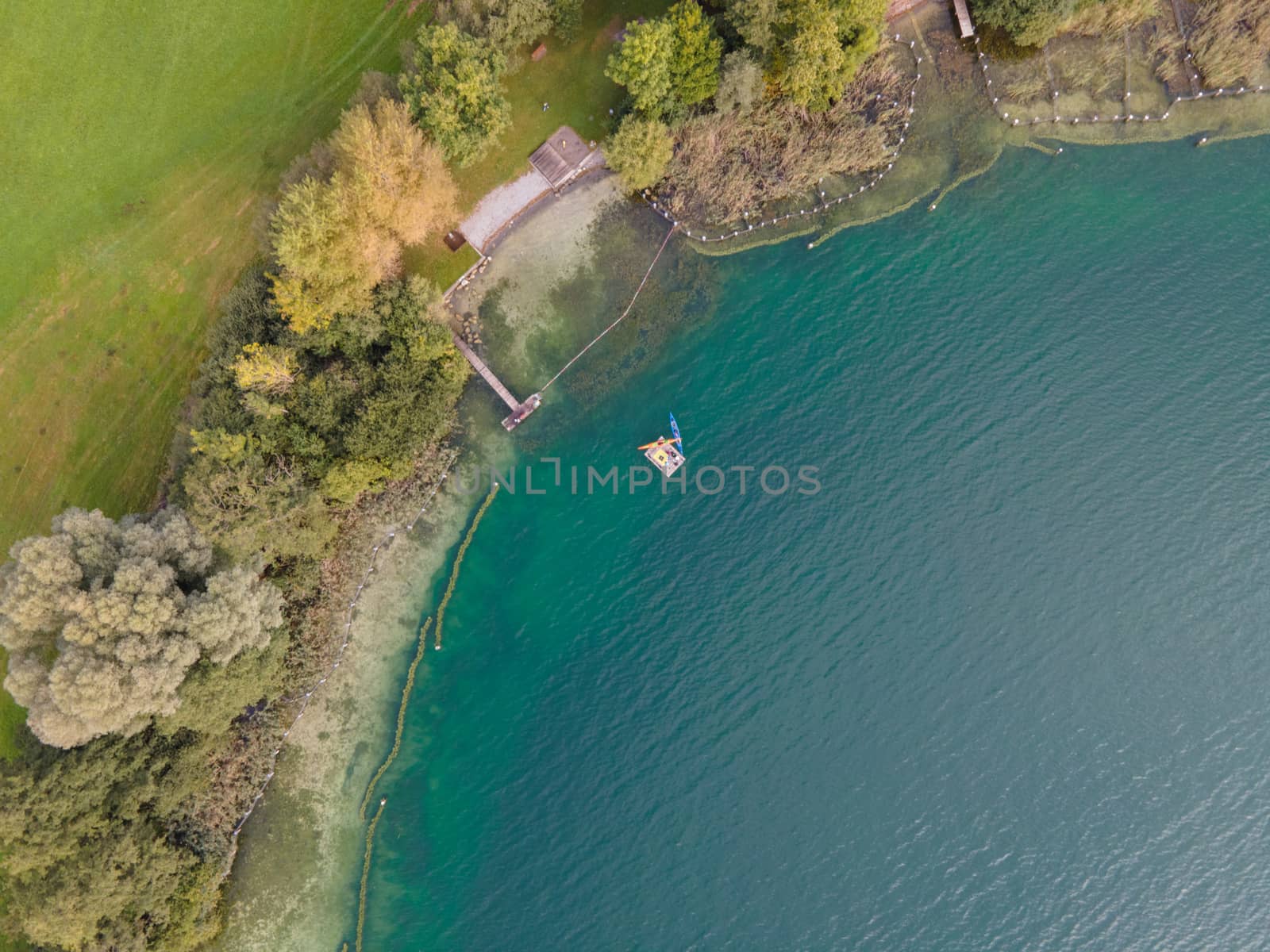 Drone shot over water. Background of lake. Birds view