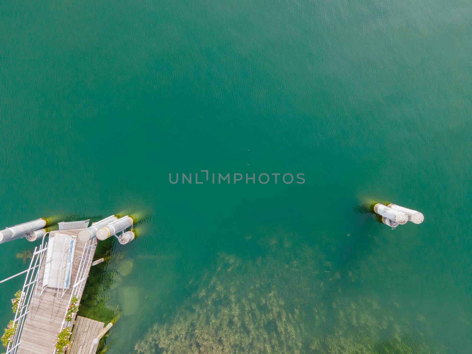 Drone shot over water. Background of lake. Birds view