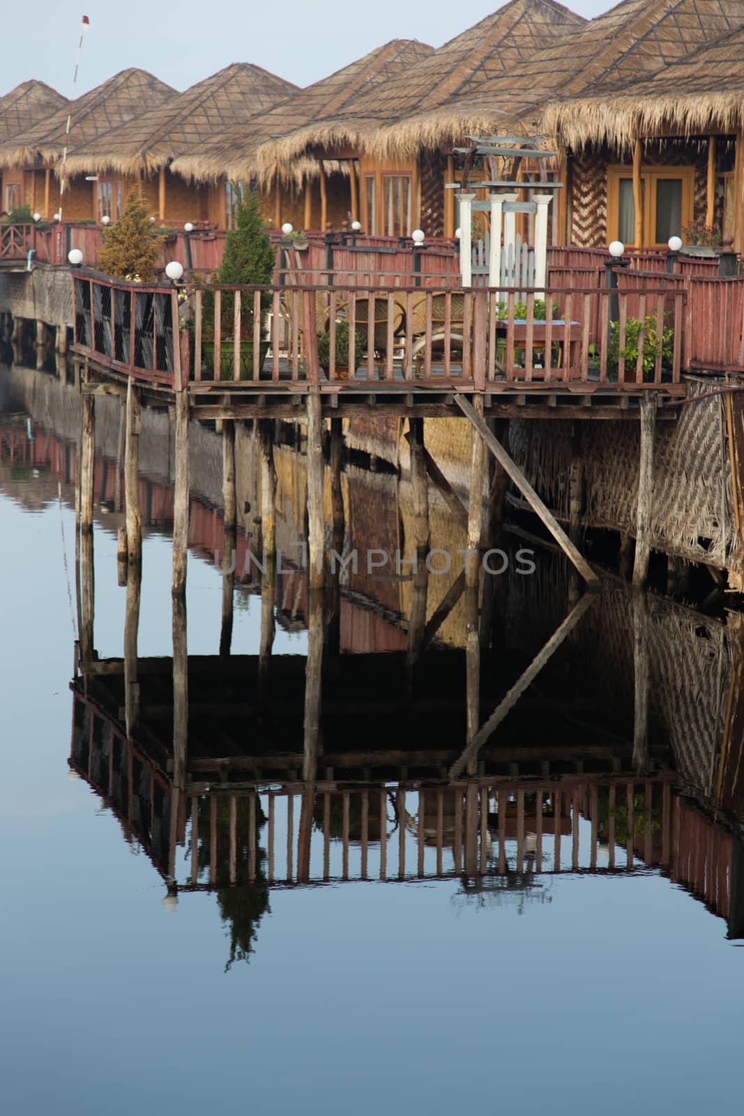 Inle Lake Myanmar 12/16/2015 floating hotel on stilts in lake by kgboxford