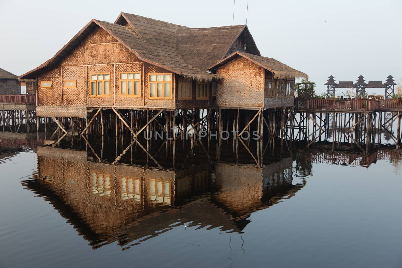 Inle Lake Myanmar 12/16/2015 floating hotel on stilts in lake by kgboxford