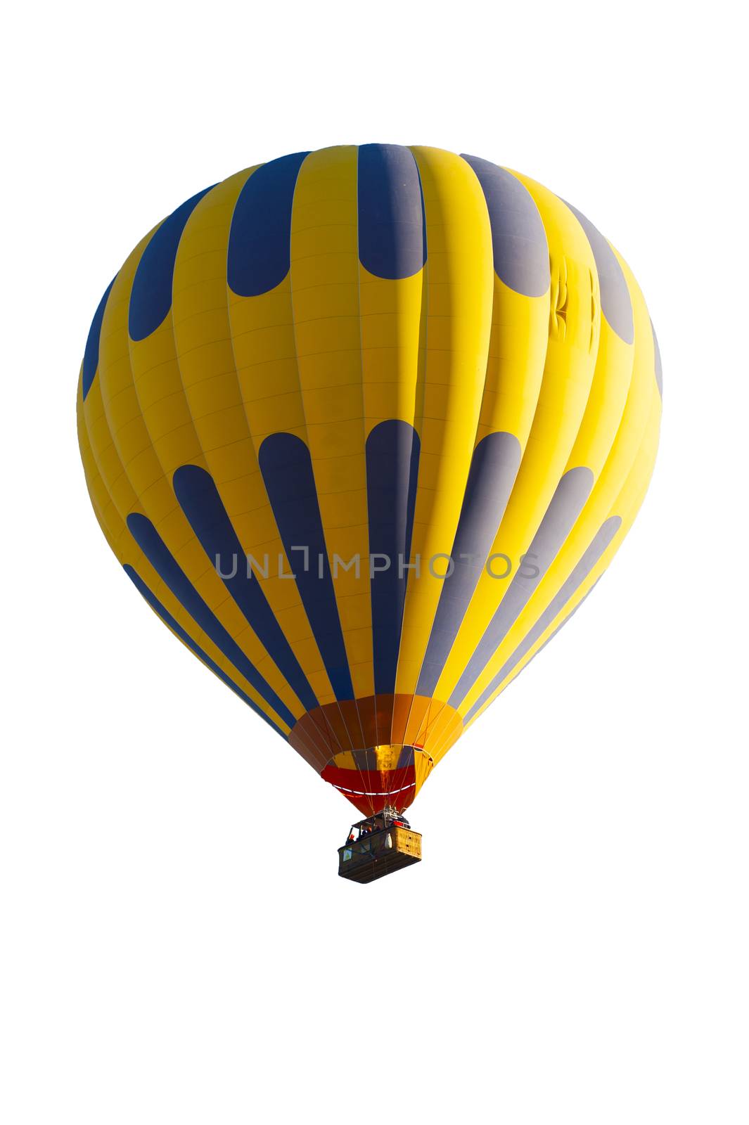 Yellow and blue hot balloon with tourists isolated on a white background