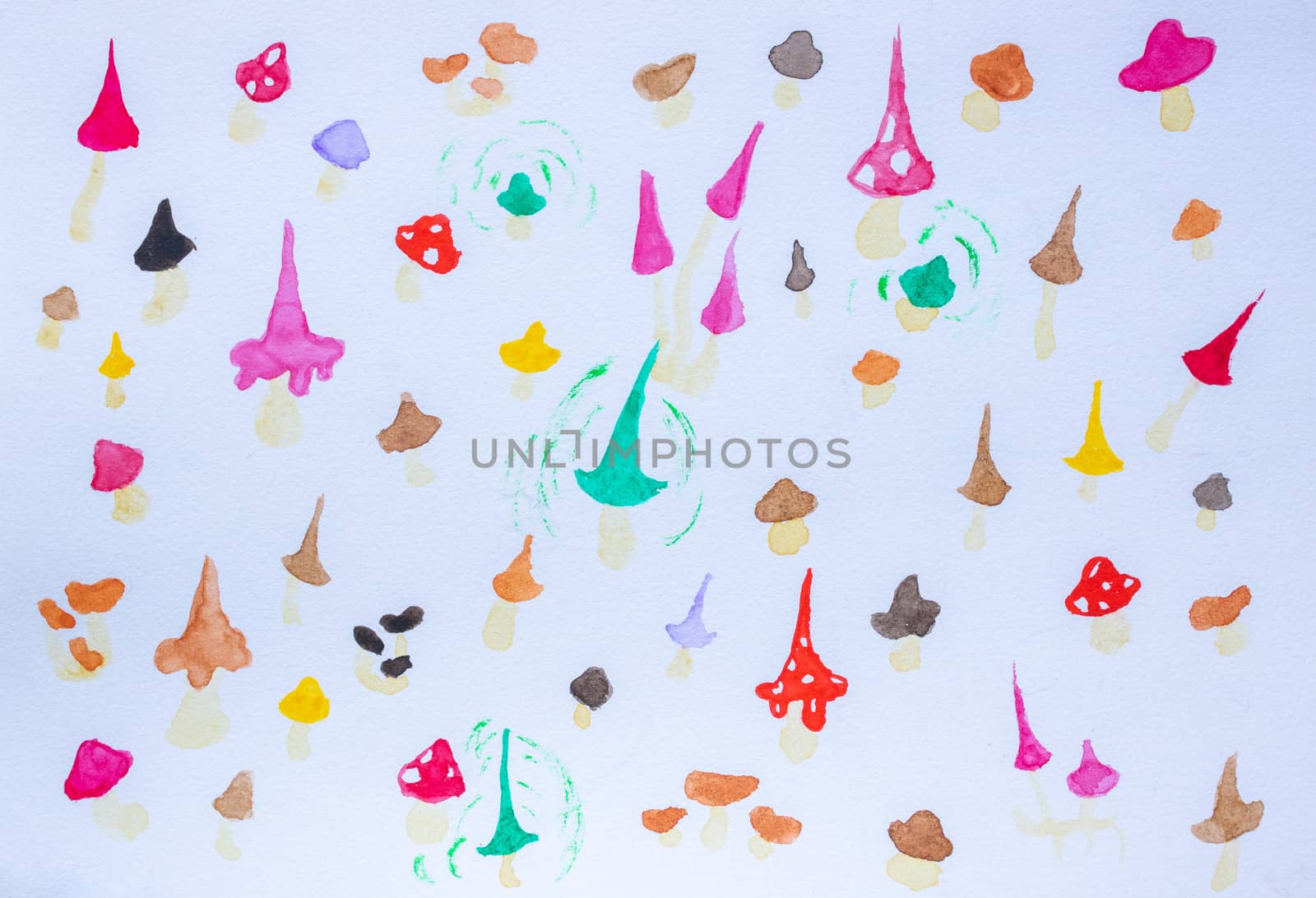 Mushrooms from paint drops isolated on a white background.Splashes,drops, watercolors.
