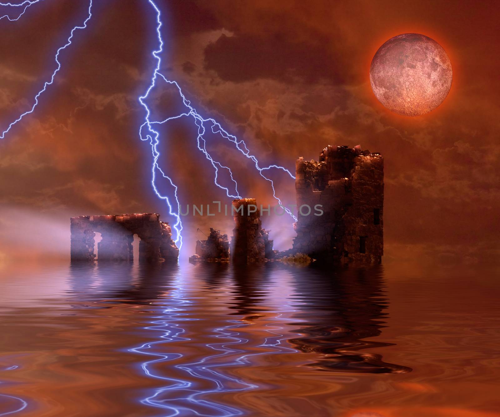 Castle under red moon. 3D rendering
