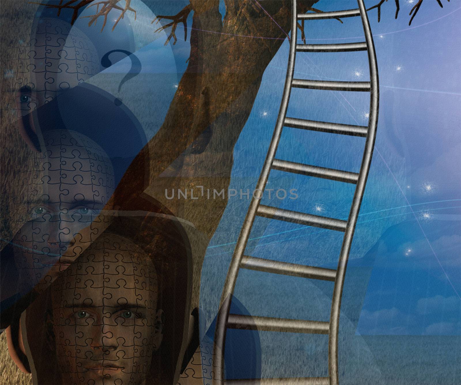 Human faces and twisted ladder. 3D rendering