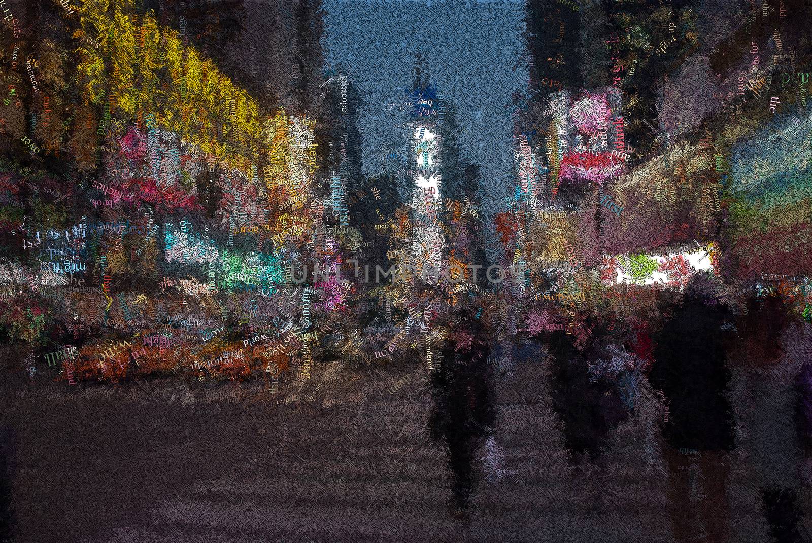 Time square. New York. Image composed entirely of words. 3D rendering