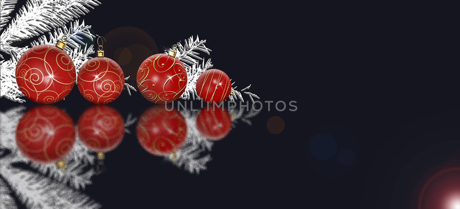 Christmas New Year red balls on blue reflection background. Place for text. copy space, mockup. 3D illustration