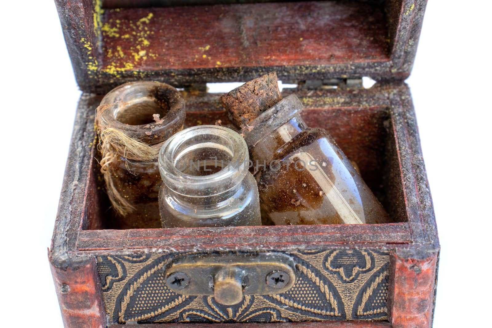 chest with old potions with mold isolated on white background