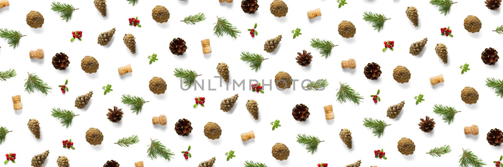 christmas background with pine cone, wine cork, pine twig and lingonberry. christmas background on white backdrop. by PhotoTime