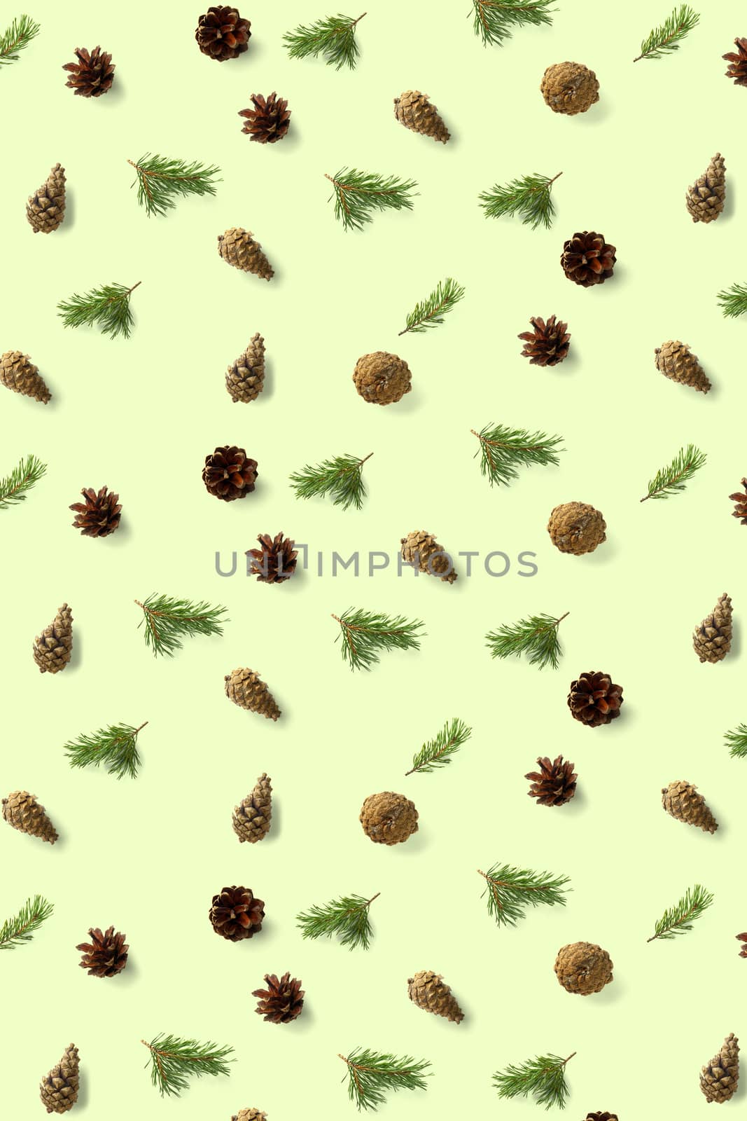 Pine cone Christmas background on green. Pine branches and cones. minimal creative cone arrangement pattern. flat lay, Modern christmas Background. by PhotoTime