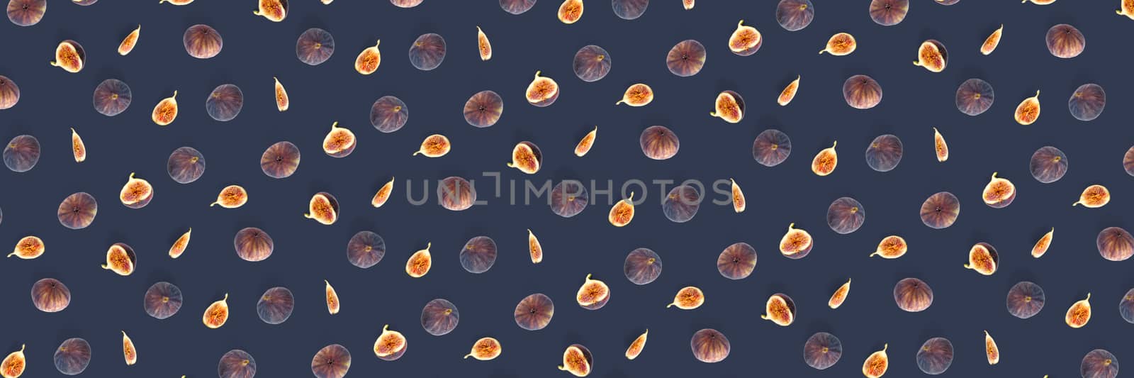 Background from Fresh figs. Food Photo. Modern fig fruits background. Creative set of the whole and sliced figs on a purpule background, not pattern