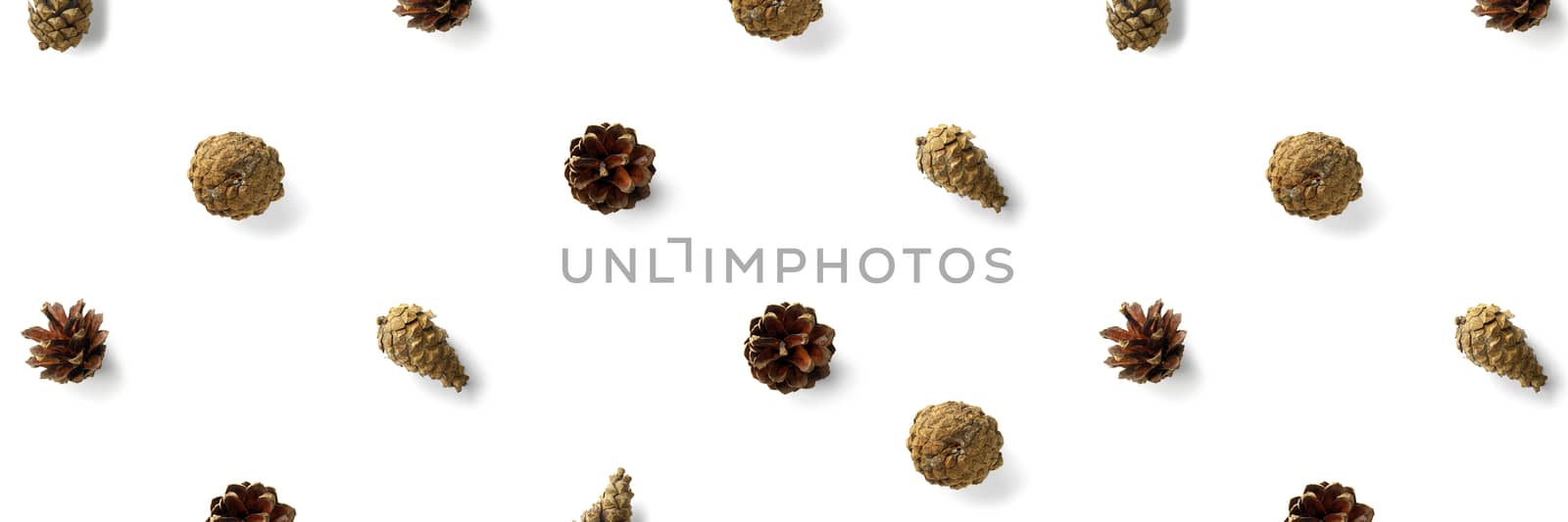 Pine cone Christmas background on white. Pine branches and cones. minimal creative cone arrangement pattern. flat lay, Modern christmas Background. by PhotoTime