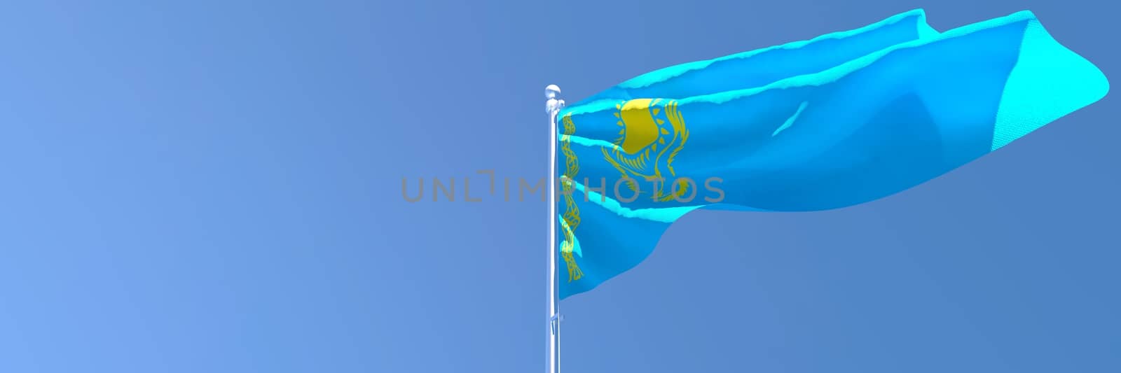 3D rendering of the national flag of Kazakhstan waving in the wind against a blue sky