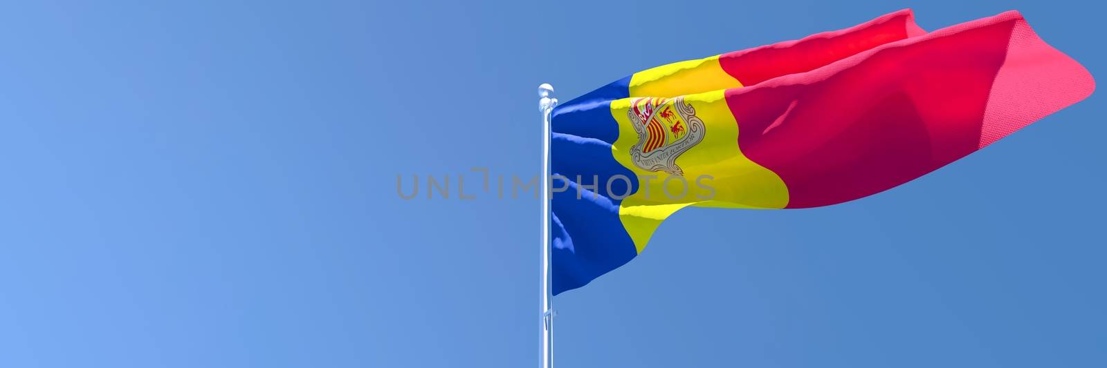 3D rendering of the national flag of Andorra waving in the wind against a blue sky