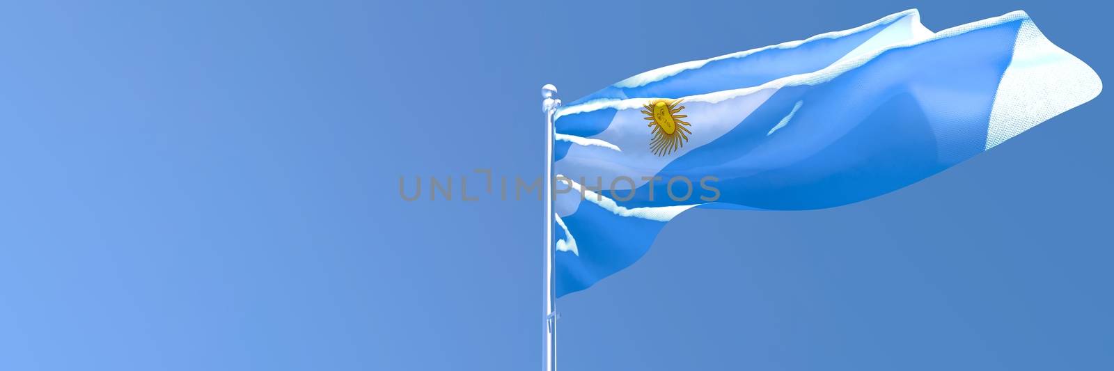 3D rendering of the national flag of Argentina waving in the wind against a blue sky