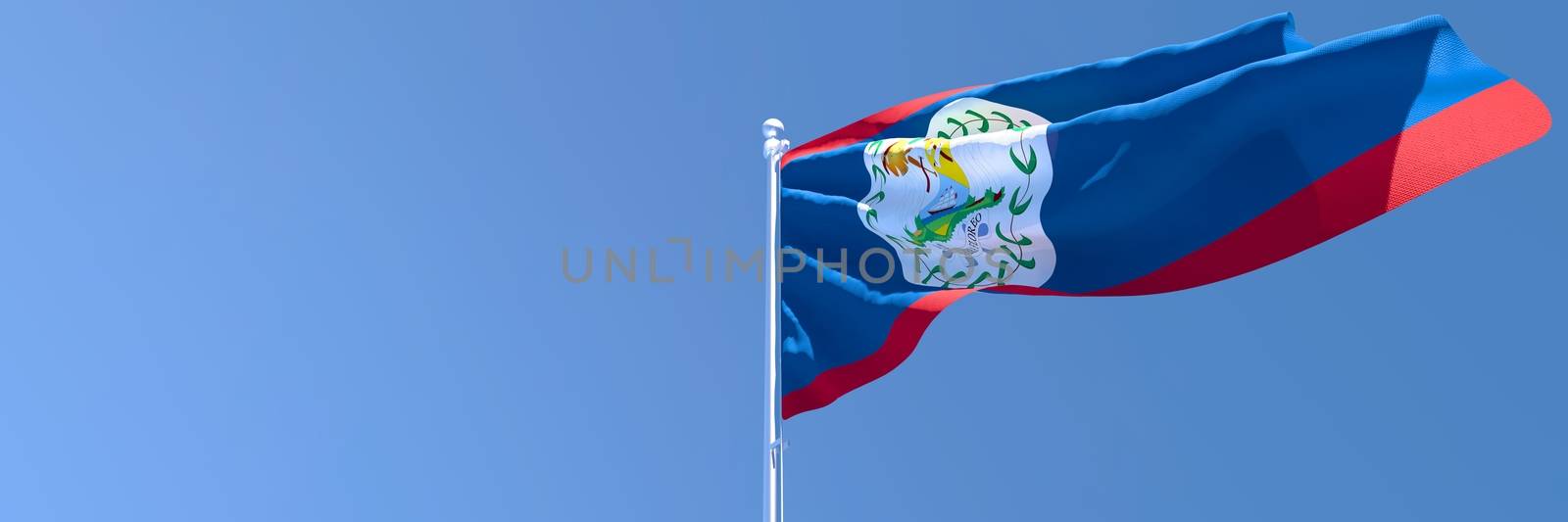 3D rendering of the national flag of Belize waving in the wind against a blue sky