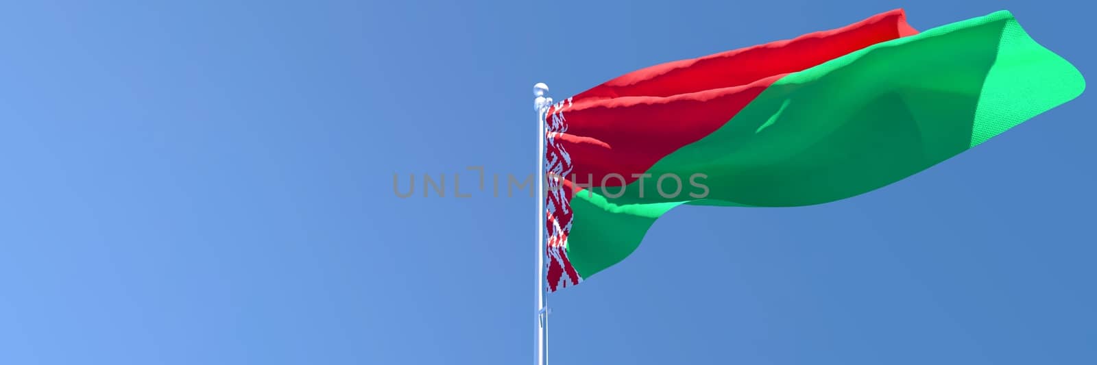 3D rendering of the national flag of Belarus waving in the wind against a blue sky