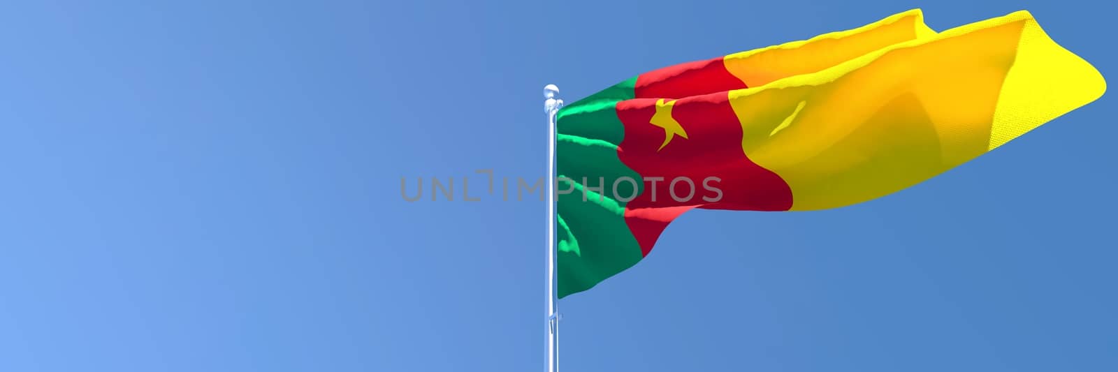 3D rendering of the national flag of Cameroon waving in the wind against a blue sky