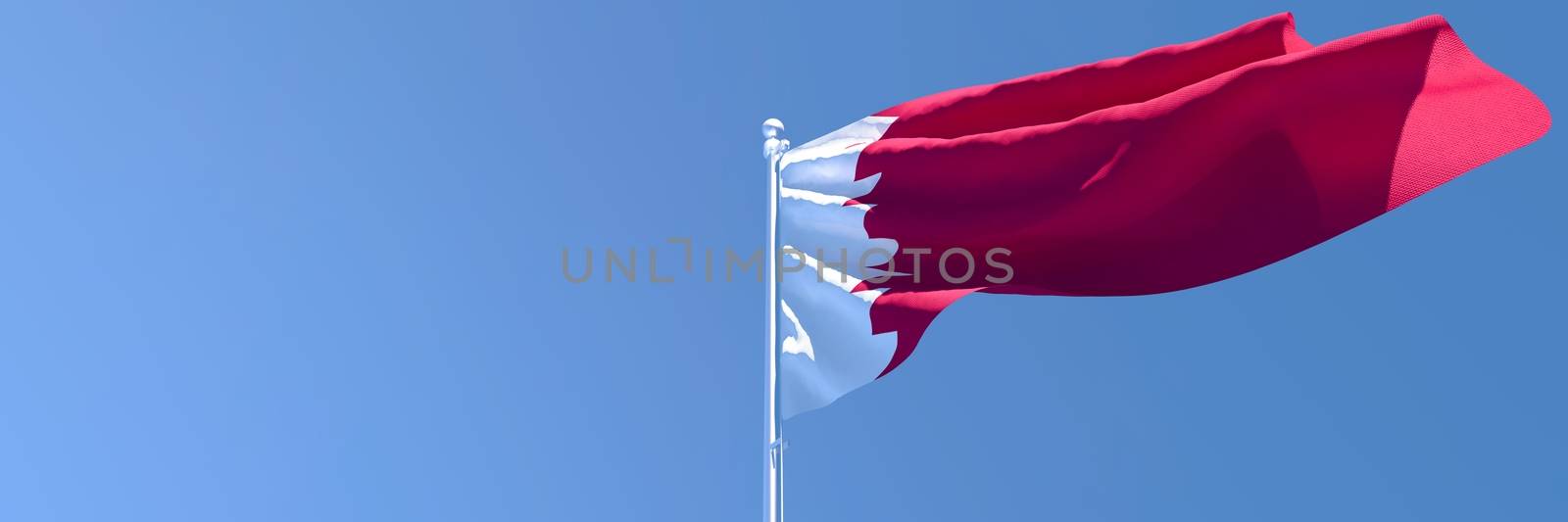 3D rendering of the national flag of Qatar waving in the wind against a blue sky