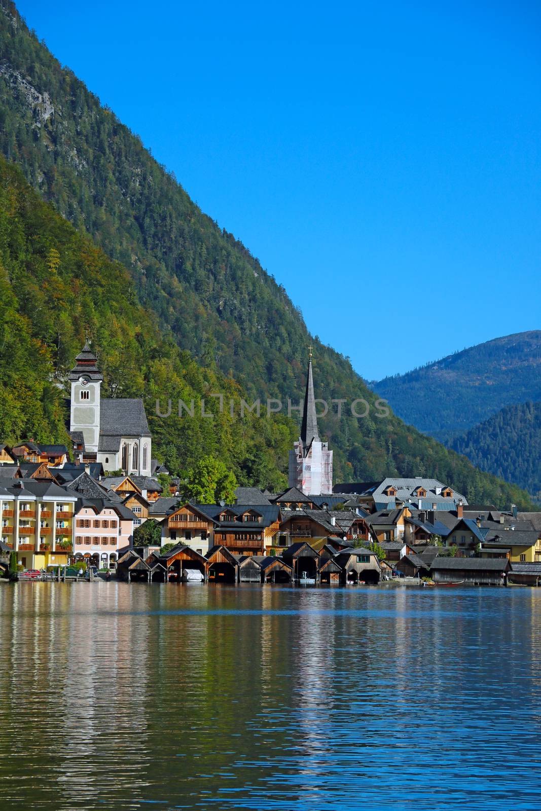 View of famous Hallstatt lakeside town in the Alps, Salzkammergut region, Austria