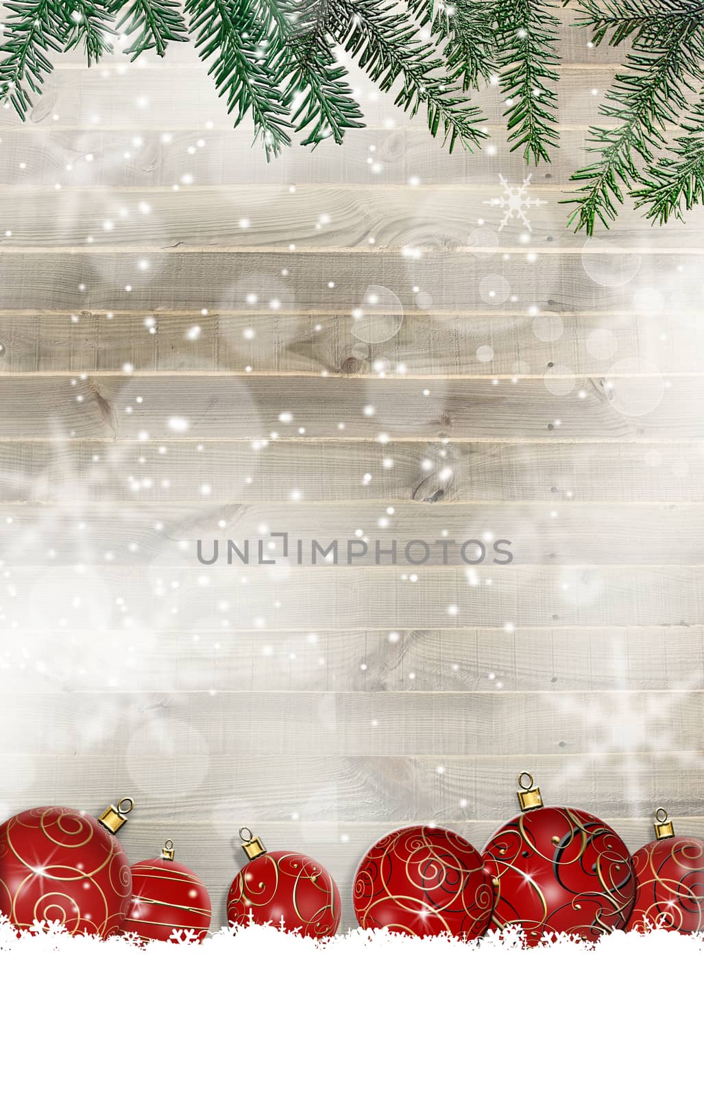 Christmas background with fir tree, realistic red balls, snowflakes on photo of wooden board. Place for text, mockup. 3D illustration