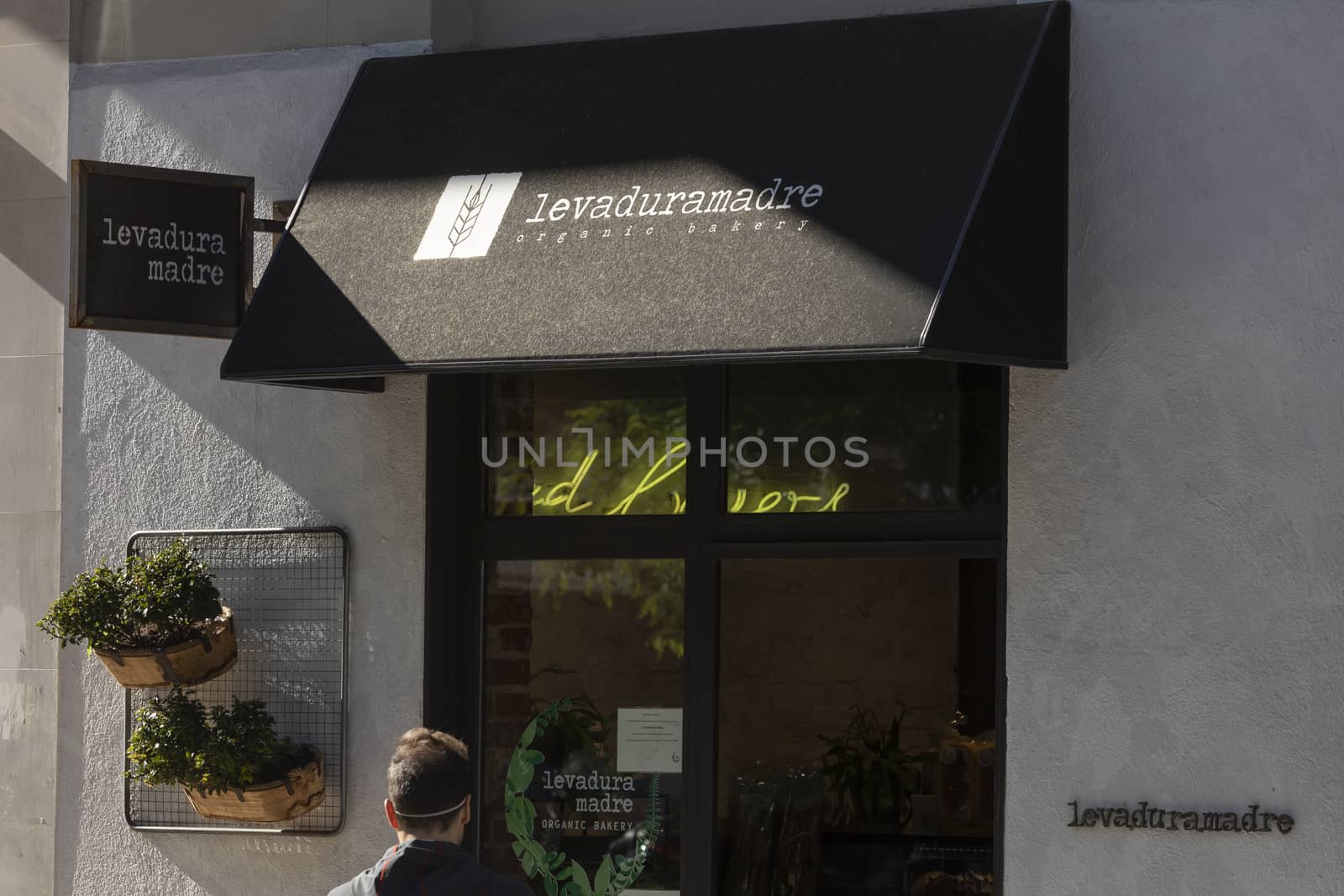 Madrid, Spain - May 18, 2020: Main facade at the entrance to the bakery, Levaduramadre, in the Retiro district.