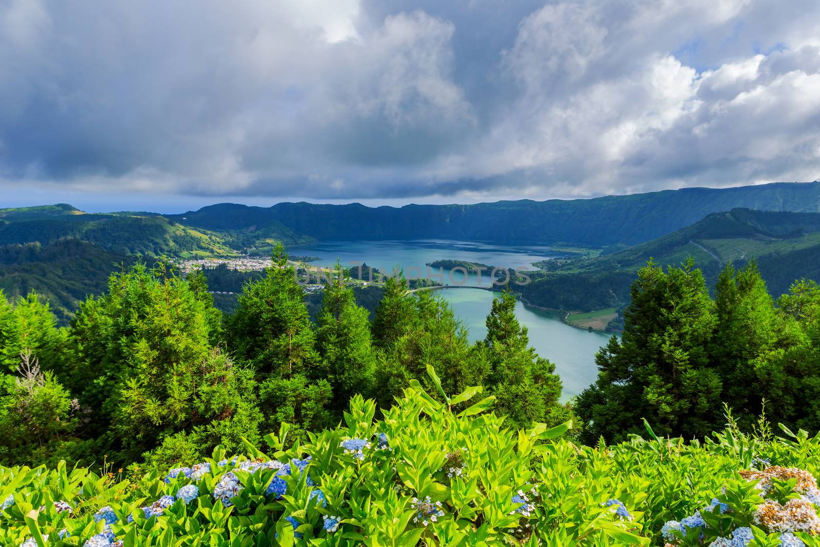 Picturesque view of the Lake of Sete Cidades, a volcanic crater lake on Sao Miguel island, Azores, Portugal