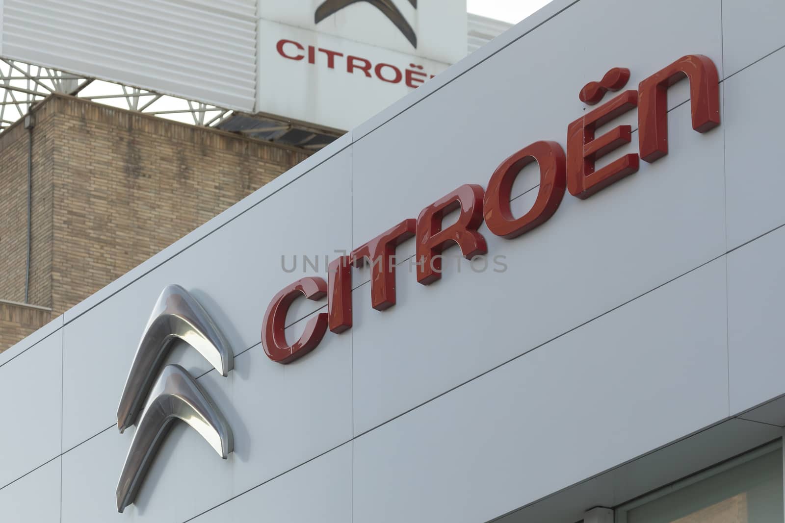 Madrid, Spain - May 18, 2020: Main facade at the entrance to the car dealership, Citroën, in the Retiro district.