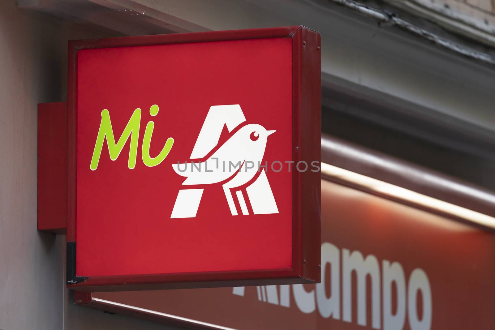 Madrid, Spain - May 18, 2020: Supermarket shop chain, Mi Alcampo, in the Retiro district.