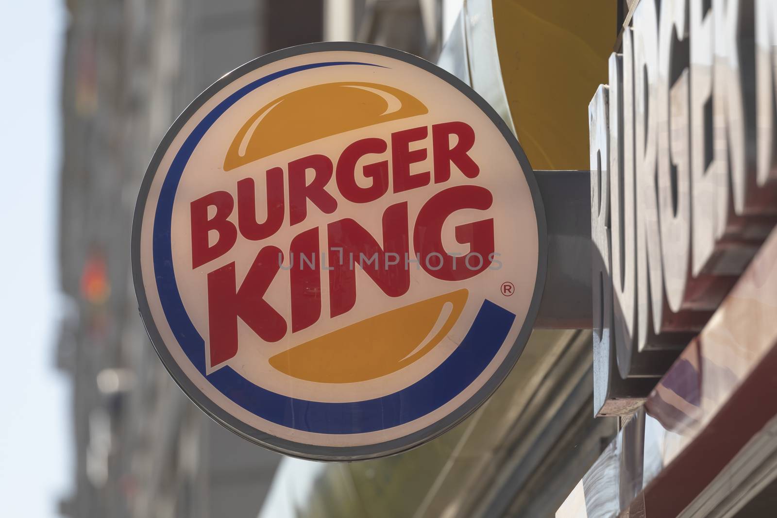 Madrid, Spain - May 18, 2020: Main access area to the fast food and hamburger restaurant, Burger King, in the Retiro district, Ibiza street.