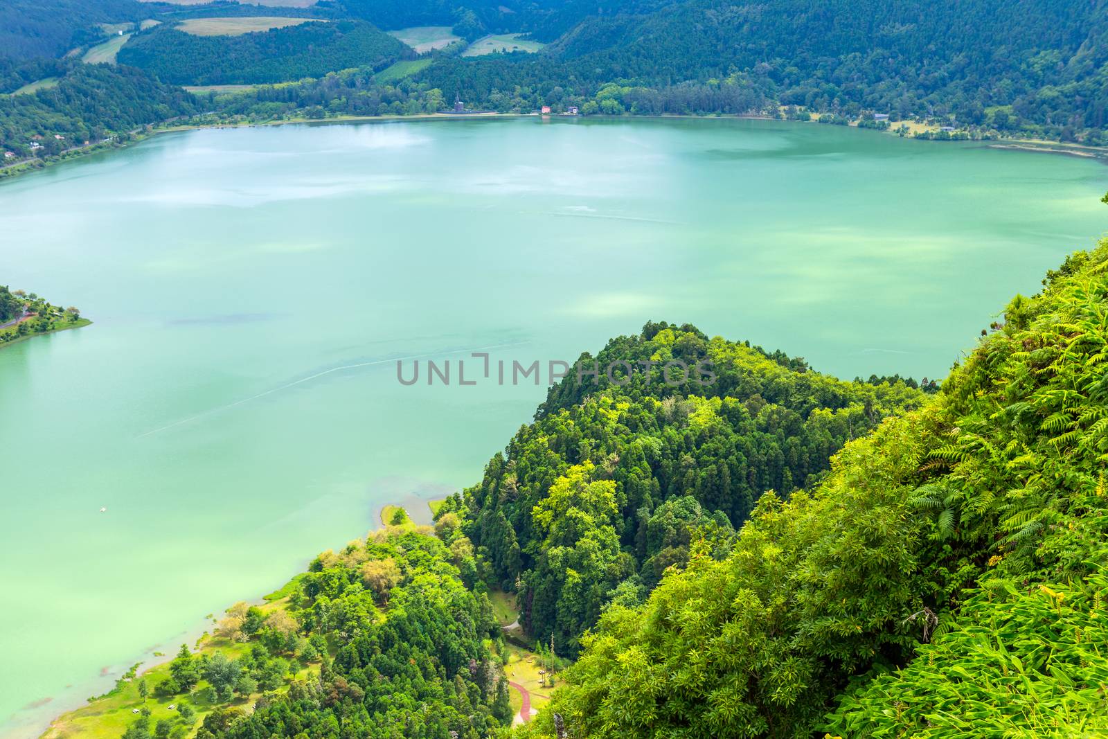 View of the Lake Furnas (Lagoa das Furnas) on Sao Miguel Island, Azores, Portugal from the Pico do Ferro scenic viewpoint.