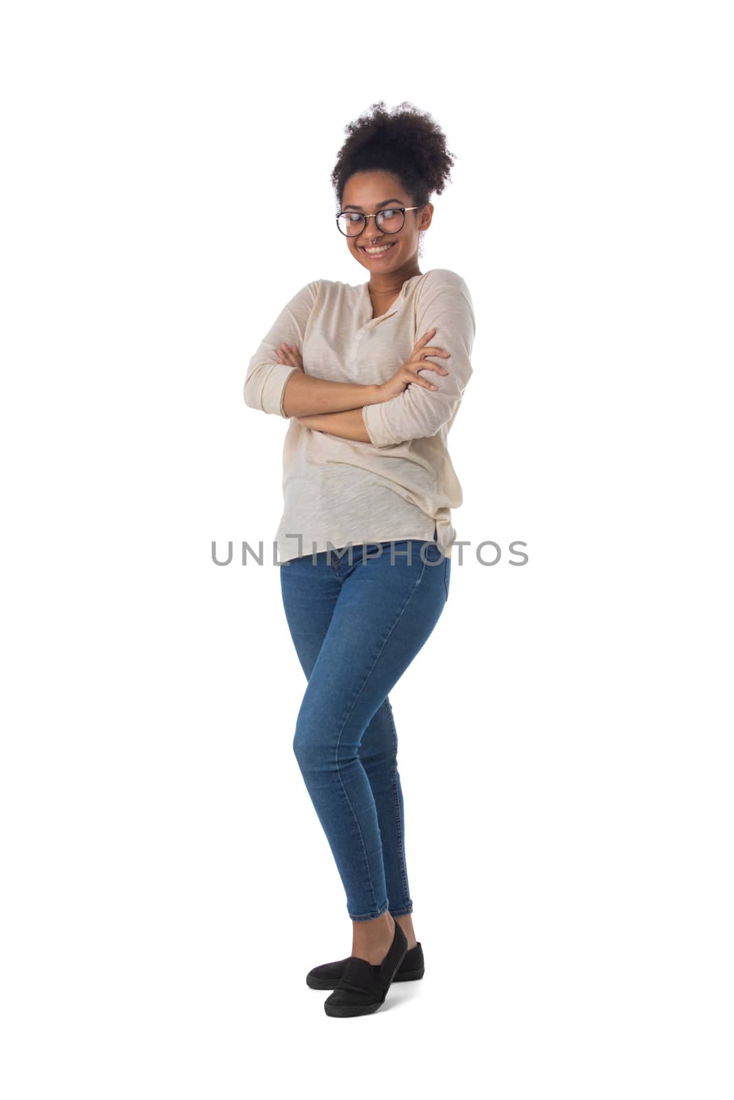 Full length portrait of african american mixed race woman isolated on white background, casual people