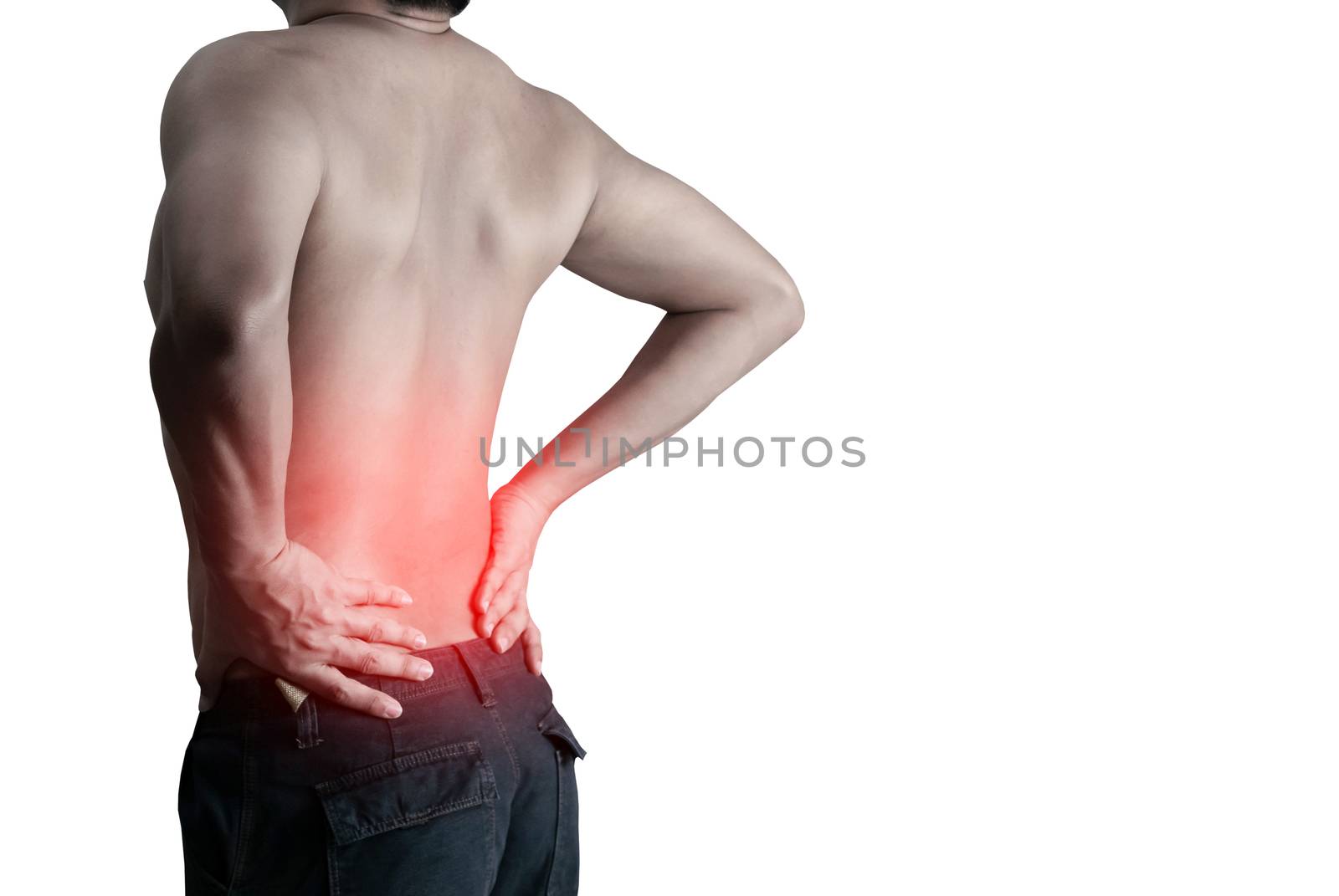 Young man holding back pain bone spine on a white background by sompongtom