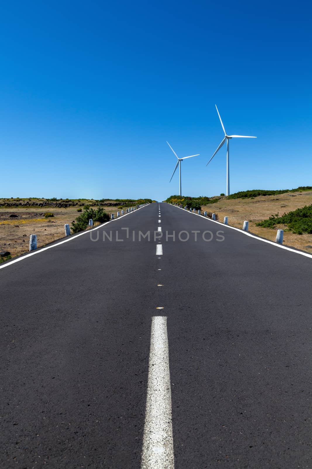 a straight road with two wind turbines over the area with a blue sky by 25ehaag6