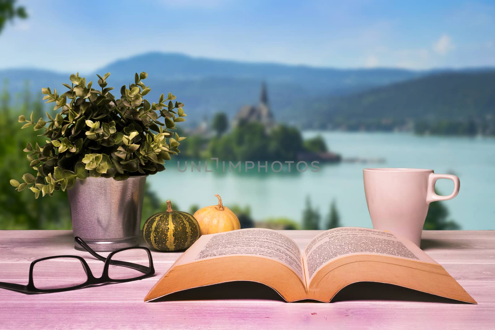 an open book on a wooden table in front of the lake panorama
