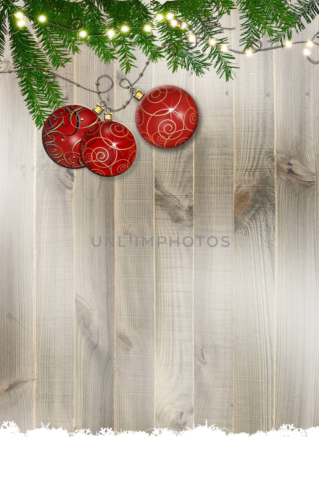 Christmas realistic red decoration with lights on wooden background. Place for text, vertical, mockup. Flat lay. 3D illustration