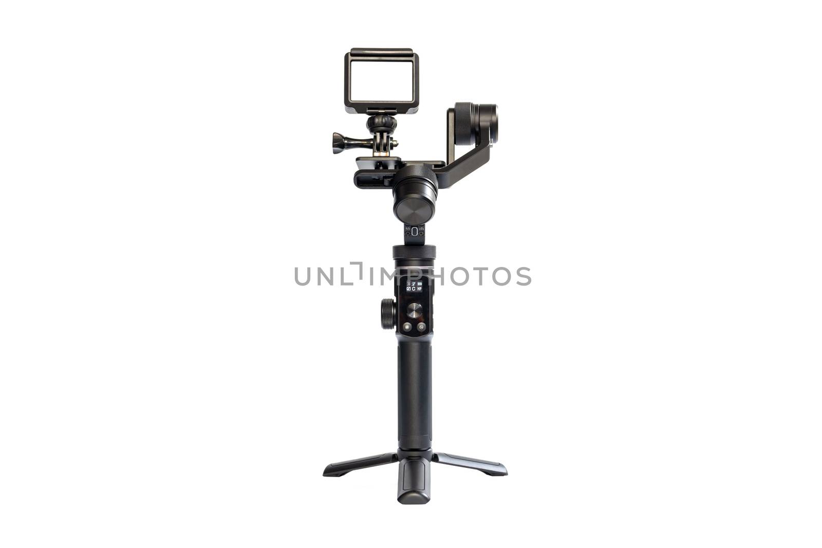 Action camera is mounted on a 3-axis motor stabilizer for smooth video recording isolated on white background.