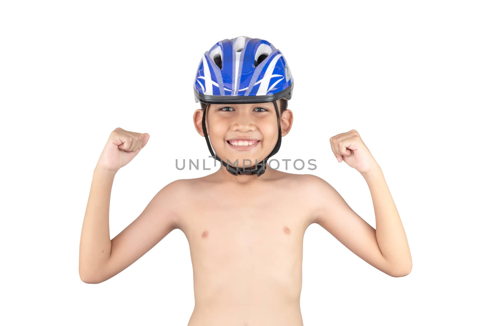 The boy wore a helmet for cycling,  skateboard, inline skates standing and smiling on a white background.