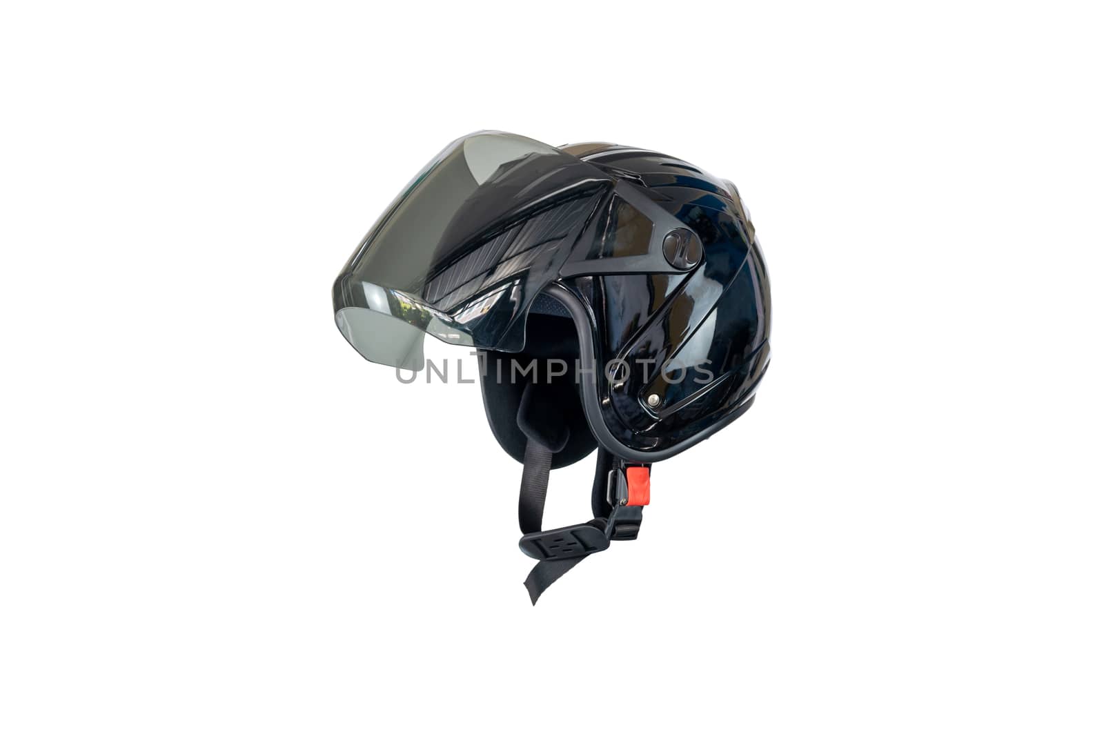 Side view of a black helmet isolated on white background.