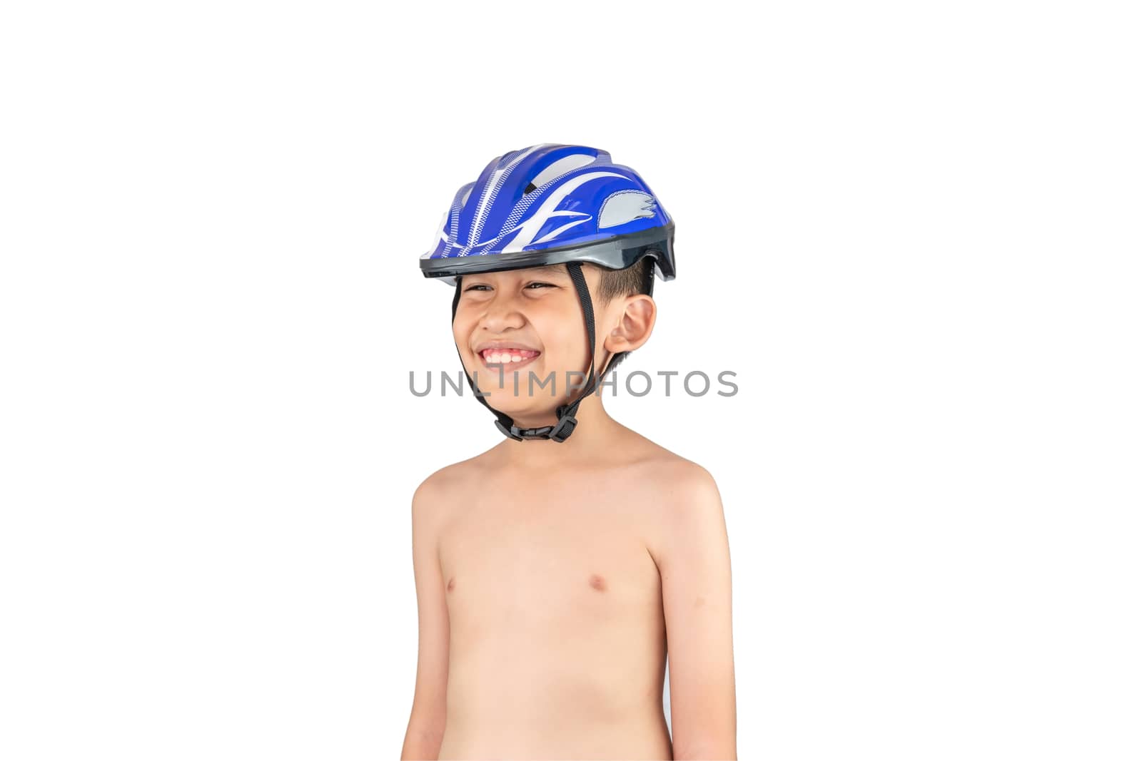 The boy wore a helmet for cycling,  skateboard, inline skates standing and smiling on a white background.