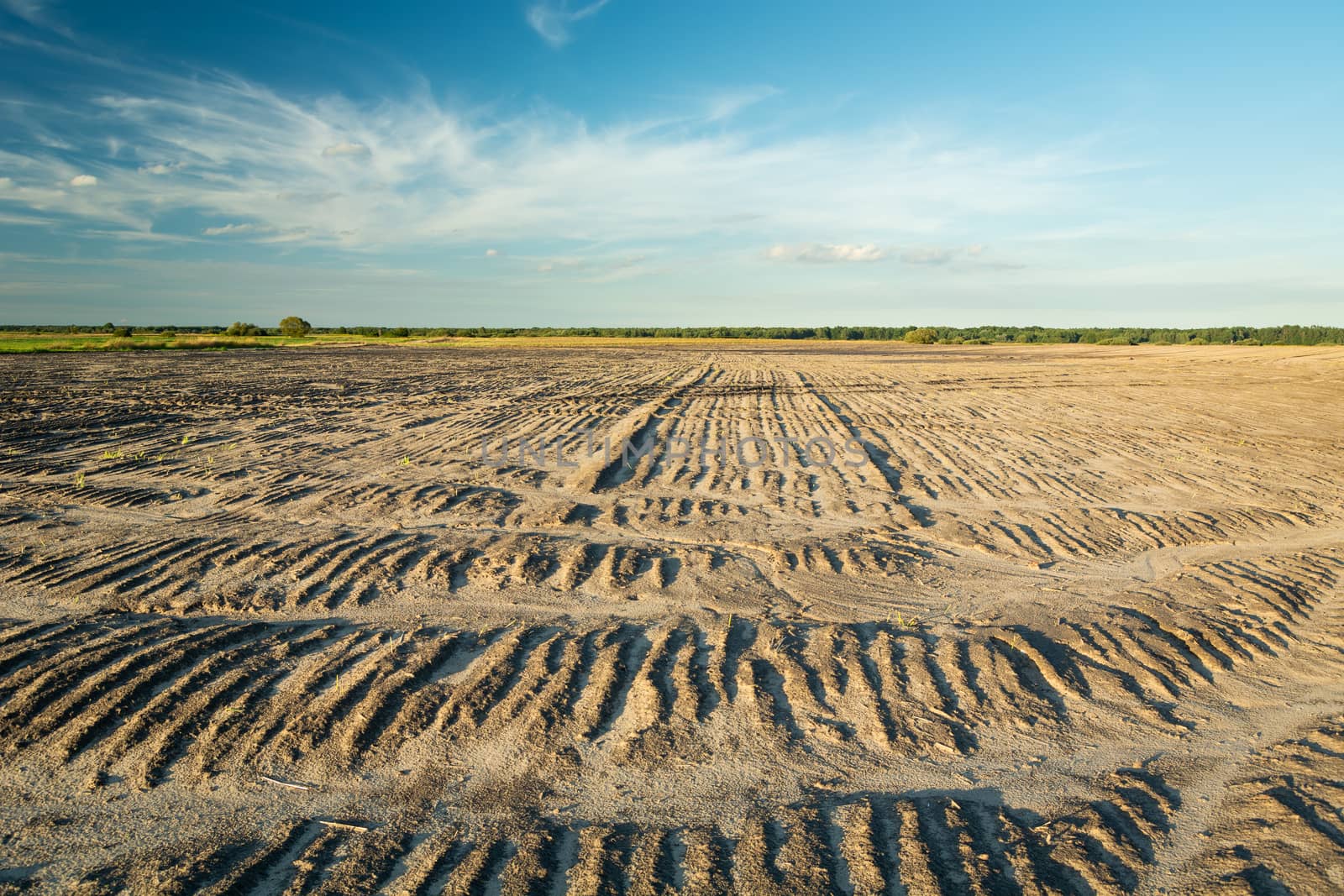 Ploughed field and cloud on blue sky, summer rural landscape